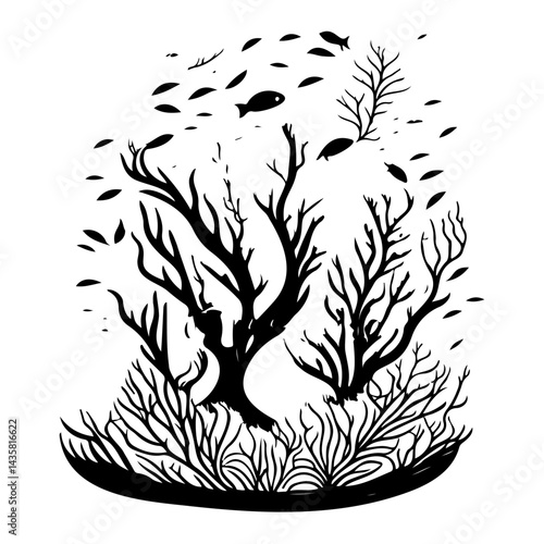 Monochromatic aquatic ecosystem illustration showcasing intricate underwater flora and fauna