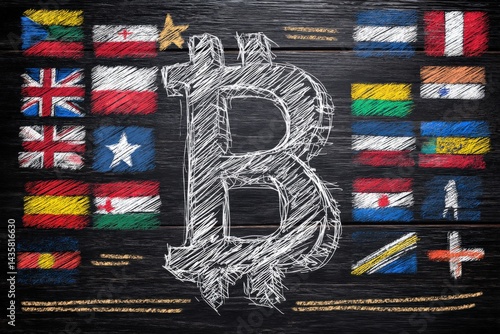 Bitcoin Symbol with International Flags on Chalkboard Background