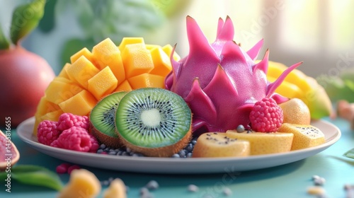 A colorful 3D tropical fruit platter with vibrant exotic fruits like dragon fruit, mango, and kiwi, displayed on a glossy ceramic plate