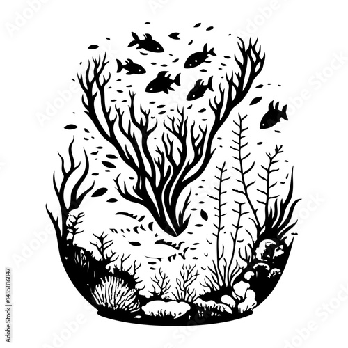Stylized underwater ecosystem illustration showcasing marine life silhouette