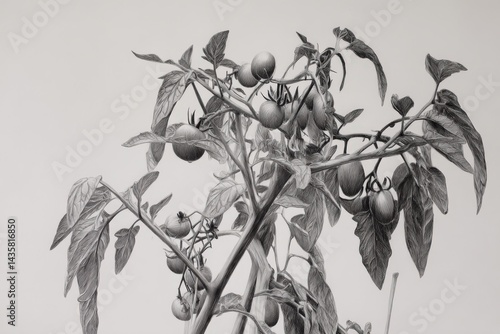 Black and White Drawing of Tomato Plant with Fruits and Leaves