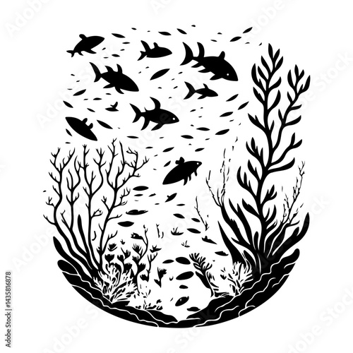 Monochrome undersea life silhouette evokes natural tranquility and marine ecosystems