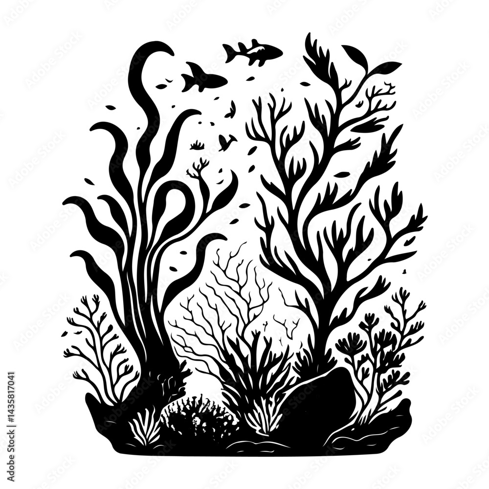 Obraz premium Monochrome underwater scenery depicting seaweed, coral, and fish silhouettes