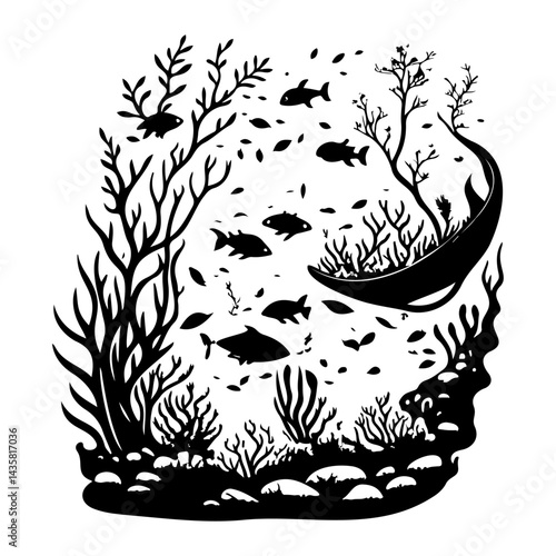 Underwater Silhouette Scene: Aquatic Life and Flora in Monochrome Illustration