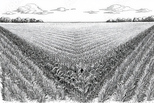 Black and White Illustration of Corn Field in Geometric Perspective