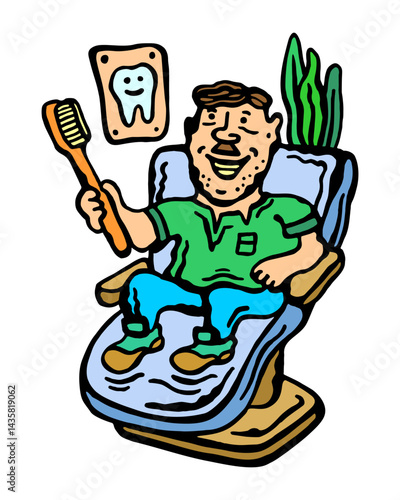 
Color vector illustration of a patient with a toothbrush in a dentist's office on a white isolated background
