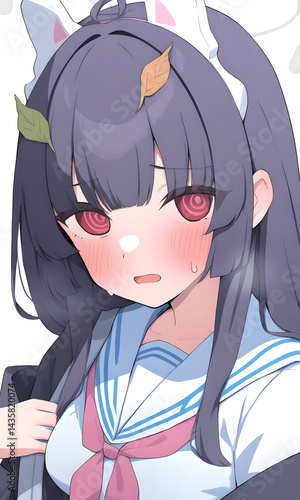 うさ耳の黒髪少女が赤面しながら制服姿で立つ