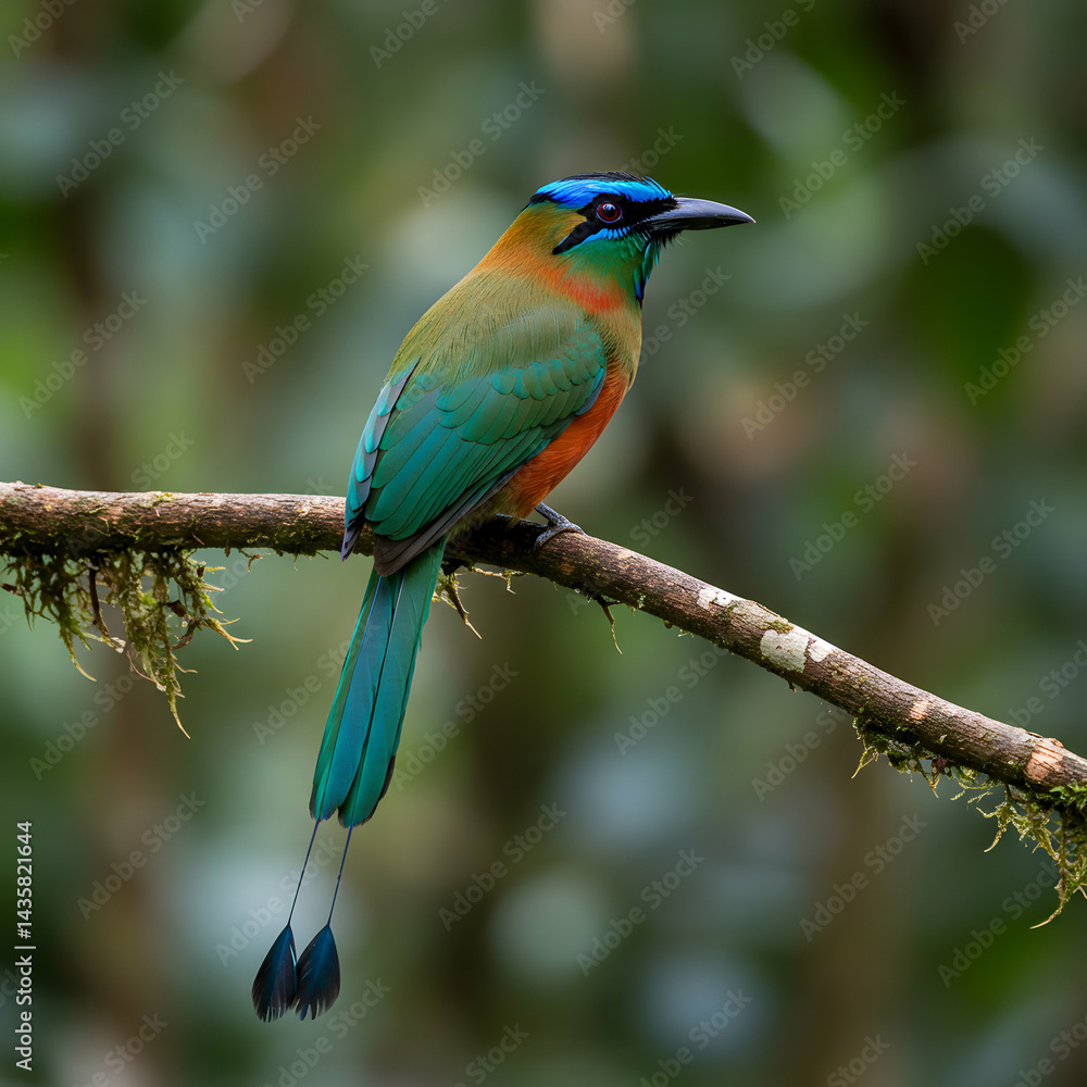 Obraz premium A colorful motmot bird perched on a mossy branch with a blurred green background in natural light