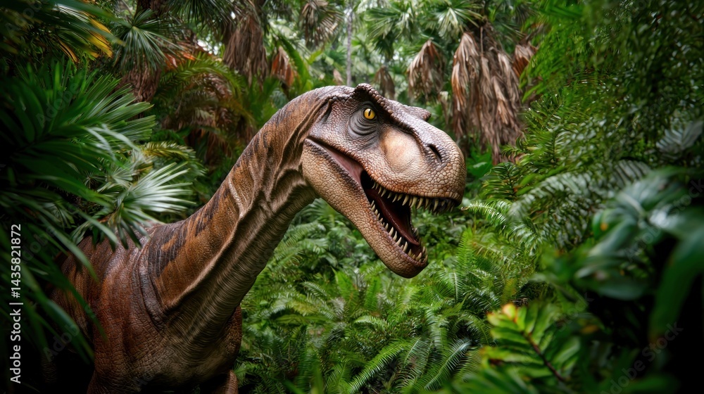 Obraz premium Dinosaur in lush jungle setting, profile view