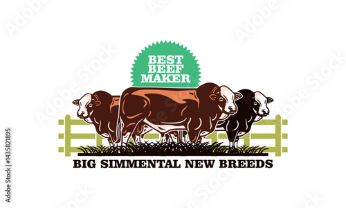 simmental cattle new breeds logo, silhouette of big and happy bull standing at ranch vector illustrations