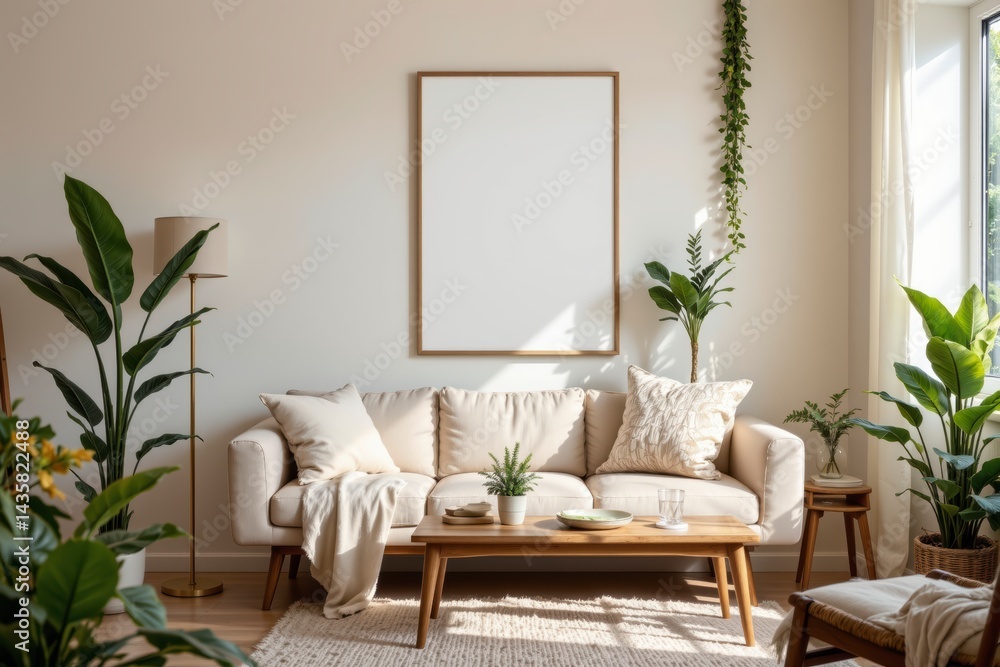 Naklejka premium Bright and Airy Living Room with Modern Furniture and Plants