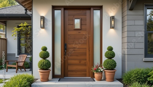 A modern wooden front door with sidelights and topiary plants flanking the entrance of a house