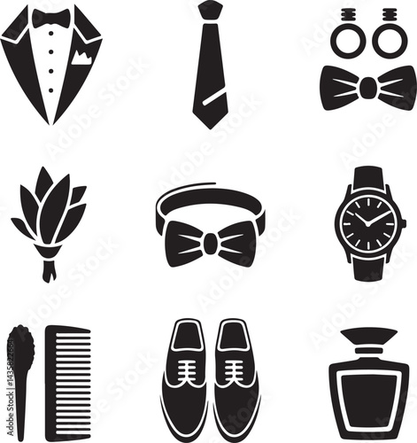 Minimal silhouette icons tuxedo, tie, bowtie, cufflinks, watch, boutonniere, shoes, comb, beard brush, cologne bottle
