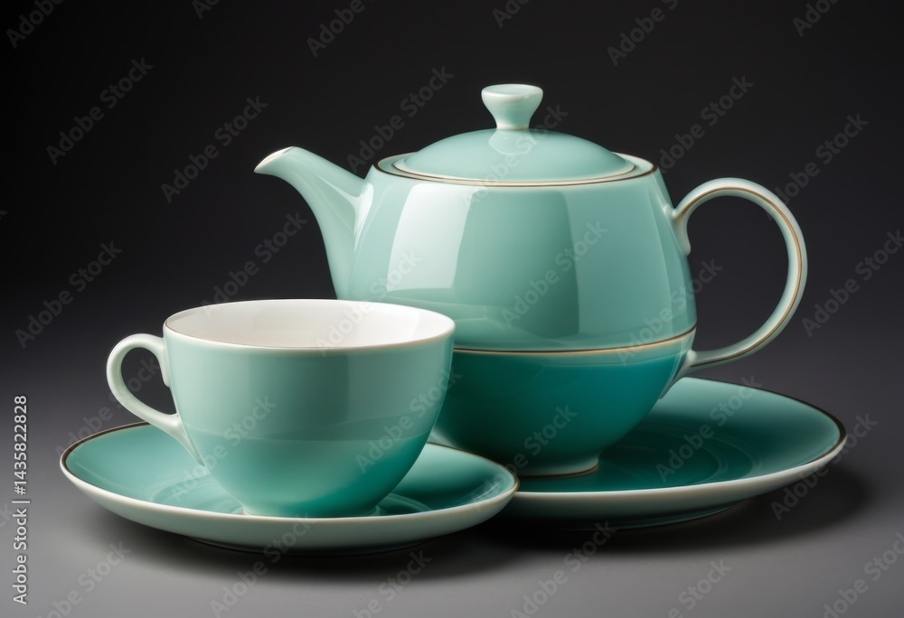 The saucer has a teapot and cup The saucer has a teapot and cup