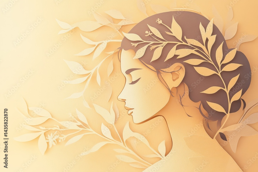 Elegant woman's profile, adorned with delicate leaf-like headband. Elegant woman's profile, adorned with delicate leaf-like headband.