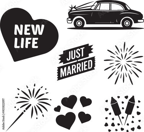 Silhouette icons vintage car, just married sign, tin cans, bouquet toss, sparkler send off, fireworks, hearts, rice toss, confetti explosion