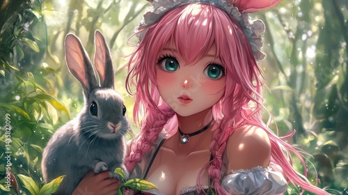 Highly detailed fantasy anime style illustration of a pink-haired girl with bright green eyes holding a cute gray rabbit in a lush forest with sunlight filte through the trees