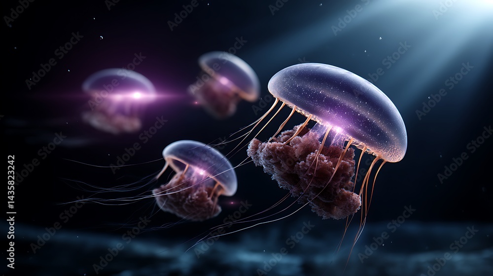 Glowing bioluminescent jellyfish in the dark ocean ethereal underwater photography of luminous sea life Glowing bioluminescent jellyfish in the dark ocean ethereal underwater photography of luminous sea life