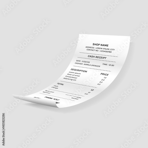 Payment Check and Curved Receipts with Shadow. Purchase Invoice and Billing Form for Transactions