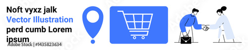Shopping cart icon, blue location marker, and two people exchanging a package. Ideal for retail, e-commerce, delivery, logistics, customer service, purchase journey simple landing page