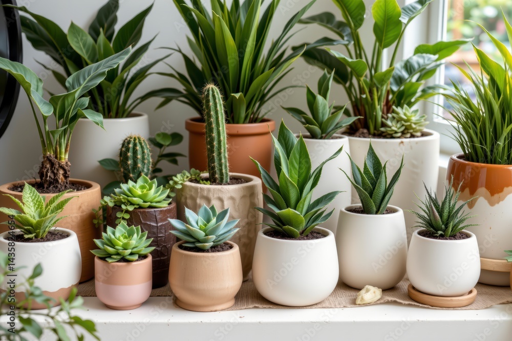 Fototapeta premium Green Indoor Plants Collection in Decorative Pots on a Bright Windowsill