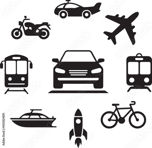 Solid black silhouette icons of vehicles car, motorcycle, airplane, train, bus, boat, scooter, rocket, bicycle, vehicle illustrations
