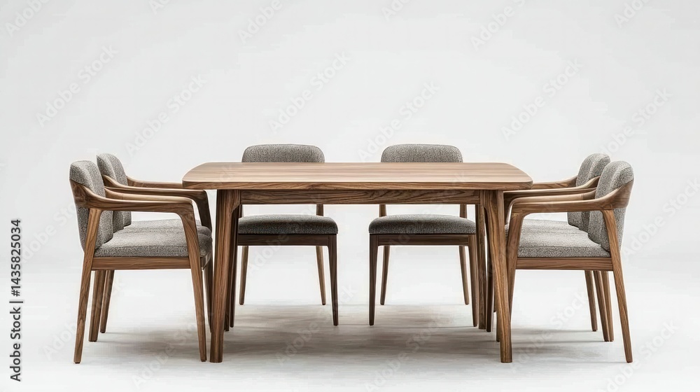Modern minimalist wooden dining table with eight upholstered chairs in a bright contemporary home interior with clean lines and a neutral background Modern minimalist wooden dining table with eight upholstered chairs in a bright contemporary home interior with clean lines and a neutral background