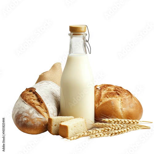 Nourishment: A rustic composition presents a loaf of artisanal bread, complemented by a bottle of fresh milk and stalks of wheat, embodying the essence of natural sustenance.