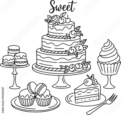 Sweet doodles layered wedding cake, cupcakes, macarons, cookies, dessert table, slice of cake, donut, whipped cream, fork, cake topper