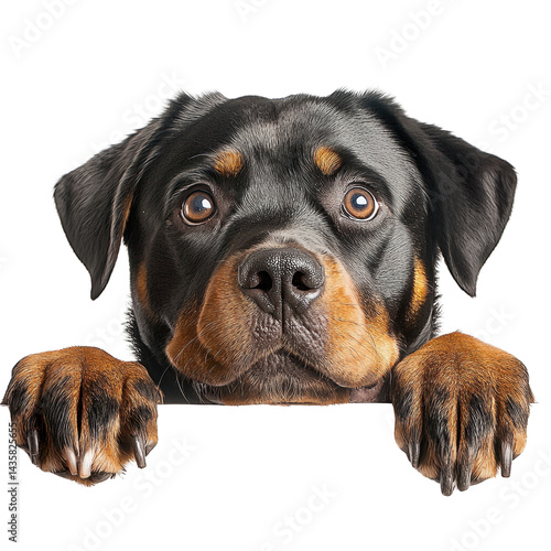 Rottweiler Curious Gaze: A handsome rottweiler dog with attentive eyes. He is looking directly at the camera with a curious, adorable, and lovable pose.