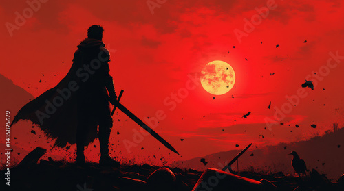 Generative AI Warrior Silhouette Under Red Moon warrior silhouette sword moon red sky landscape cape birds rocks debris courage determination resilience fantasy apocalypse - Download Now
