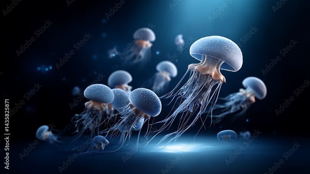 Naklejka premium Ethereal underwater photography of glowing bioluminescent jellyfish in deep sea ocean night scene