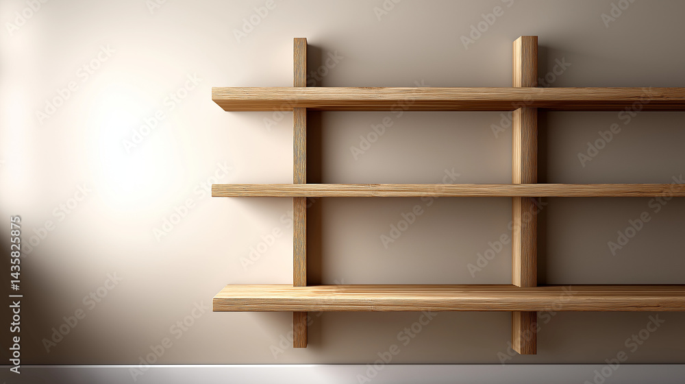 Minimalist wooden shelving unit against beige wall