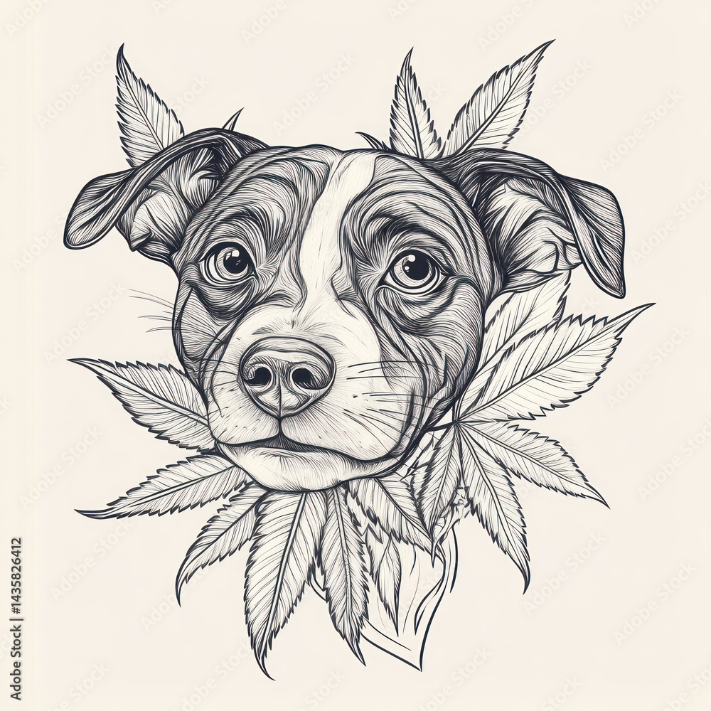 Dog portrait with cannabis leaves, detailed line art, vintage style Dog portrait with cannabis leaves, detailed line art, vintage style