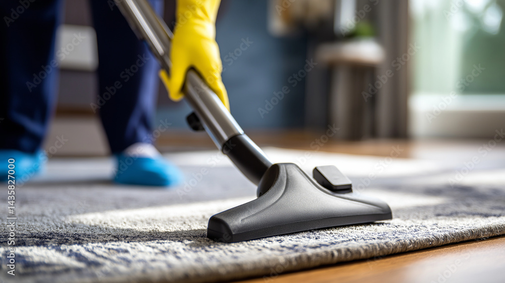 Professional Cleaning Service Vacuuming Rug Indoors