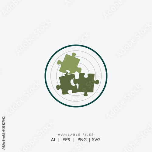 Connecting Puzzle Pieces in Circle Emblem, Abstract Geometric Puzzle Icon 