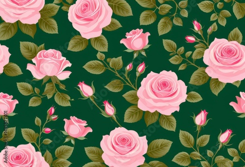 Seamless floral background of pink roses and green leaves