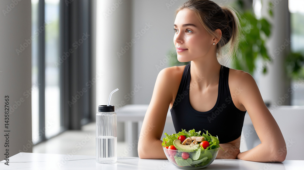 A woman enjoying a healthy meal at a marble table