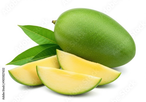 Green mango with slices isolated on white background