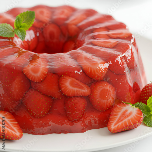 A close up shot of a strawberry jello mold dessert with mint leaves on a white plate surface
