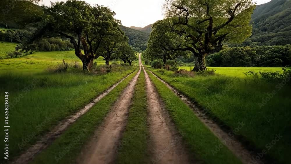Dirt road through lush green field, flanked by large trees, leading to a sunlit hillside. Serene nature landscape Dirt road through lush green field, flanked by large trees, leading to a sunlit hillside. Serene nature landscape