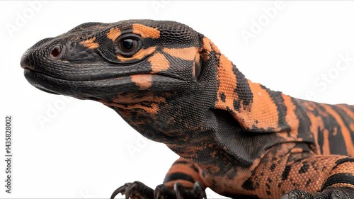 Close-up of a Gila Monster with black and orange markings and textured skin against a plain white background in studio lighting