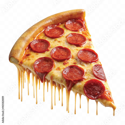 realistic cheesy pepperoni pizza slice with dripping melted cheese. Isolated on white background