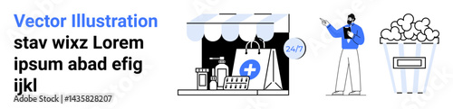 Male figure pointing at a 247 pharmacy stand displaying medical supplies, drink, and food bag. Popcorn bucket on the side. Ideal for health, convenience, shopping, delivery, food ecommerce simple