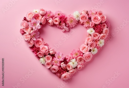 The pink roses are arranged in a heart shape on a pink background