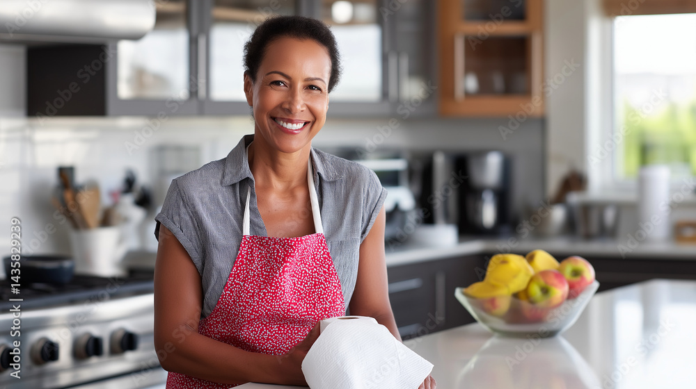 Cheerful woman in modern kitchen with paper towels and fresh fruits