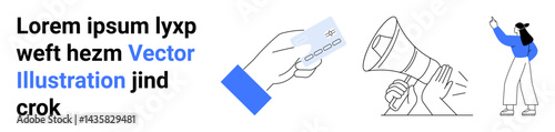 Hand holding card, megaphone amplifying voice, and a person pointing at text represent key themes of communication, marketing, advertising, teamwork, education, presentation and social media. Ideal