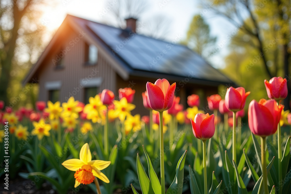 Fototapeta premium Modern Solar Homes in Spring and Summer Landscapes ,Eco-Friendly Living and Renewable Energy Concepts.