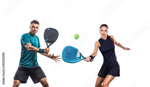 Family team. Group of two padel tennis players with racket. Woman and man athletes with paddle racket isolated on white background. Sport concept. Download a high quality photo for a sports app.