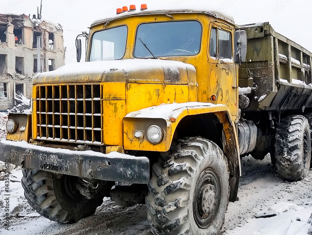 Old yellow dump truck covered with snow standing near a partially destroyed building in a winter urban demolition site Old yellow dump truck covered with snow standing near a partially destroyed building in a winter urban demolition site